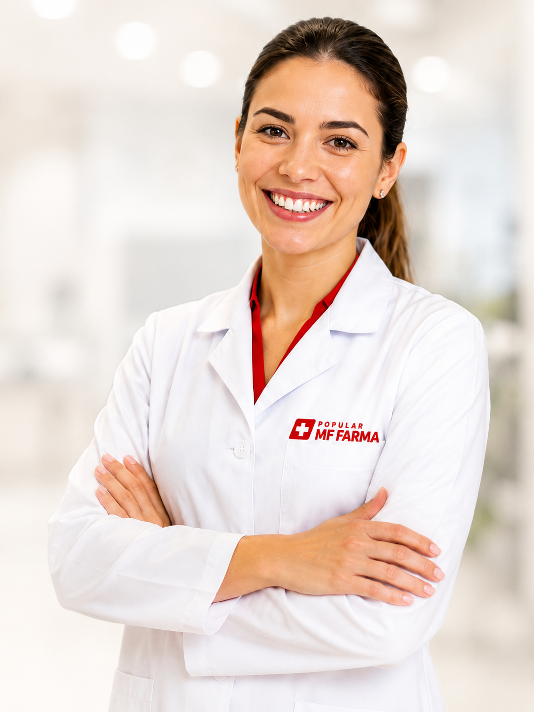 Farmacêutica da MF Farma Popular com jaleco branco